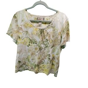 Jamaica Bay Floral Scoop Neck Top XL Yellow Green Cottagecore Boho Lace Trim‎